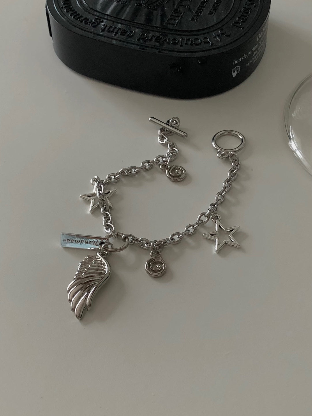 toggle bar angel wing chain bracelet
