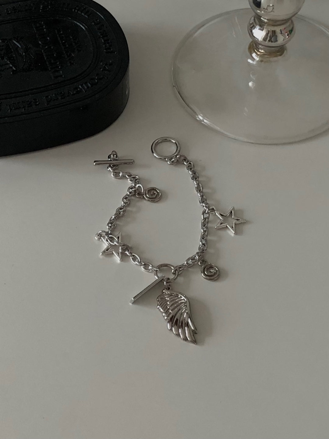 toggle bar angel wing chain bracelet