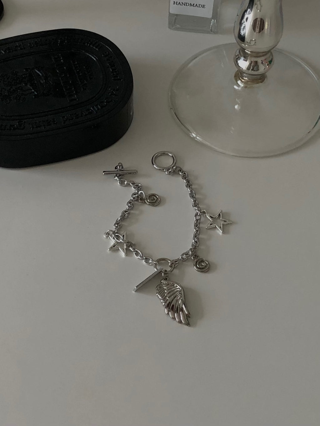 toggle bar angel wing chain bracelet