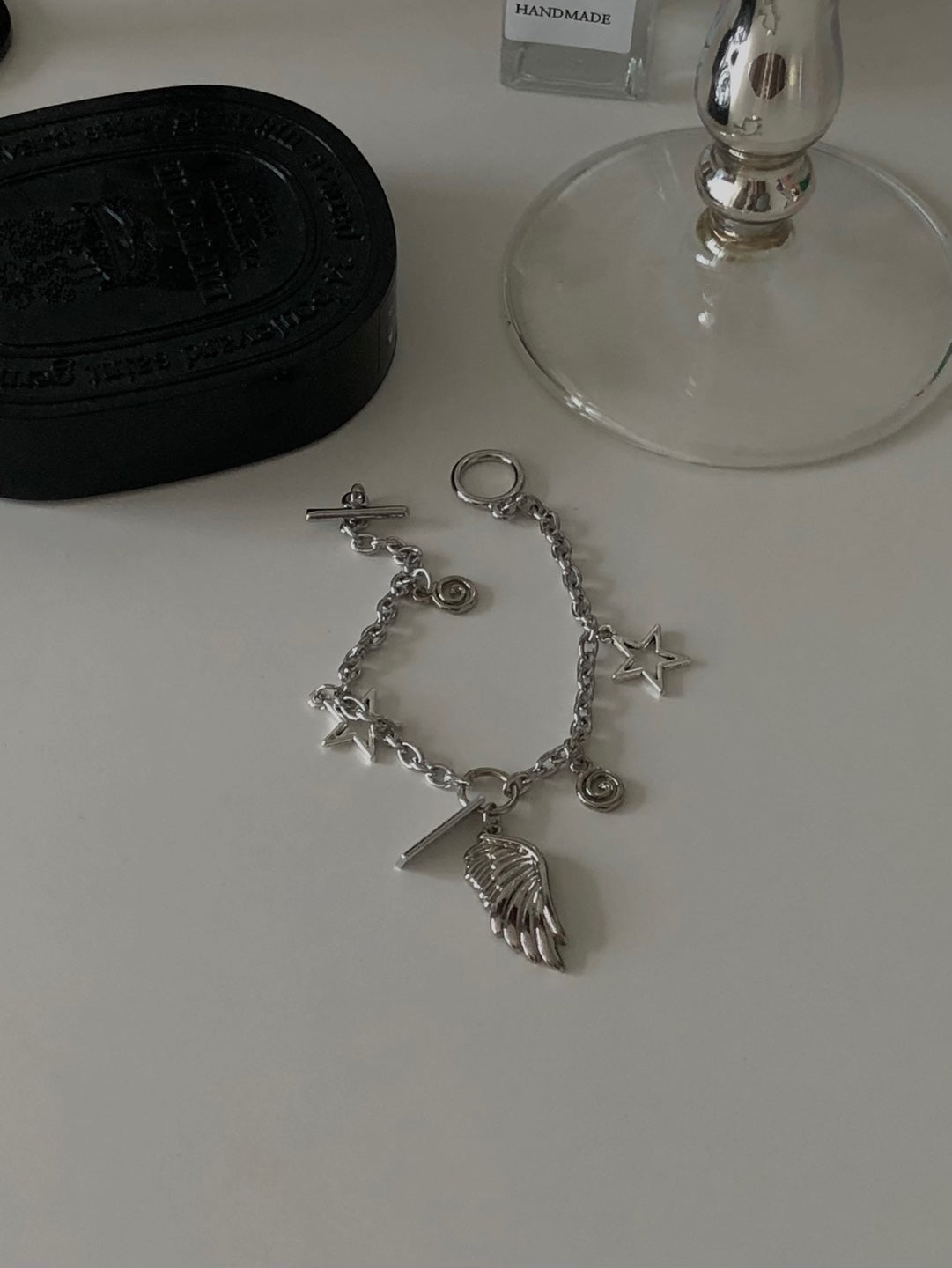 toggle bar angel wing chain bracelet