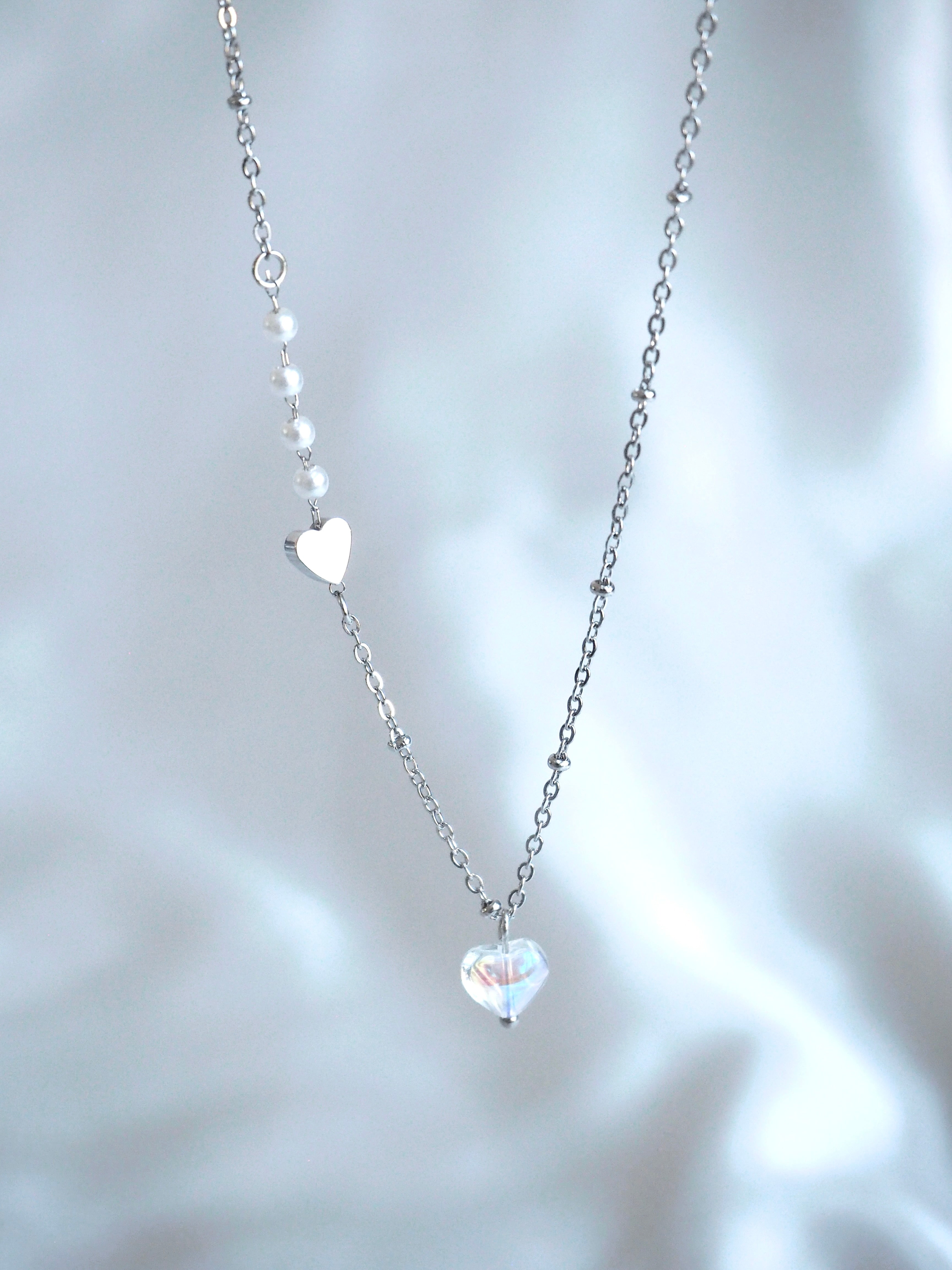 [surgical steel] heart pendant pearl necklace