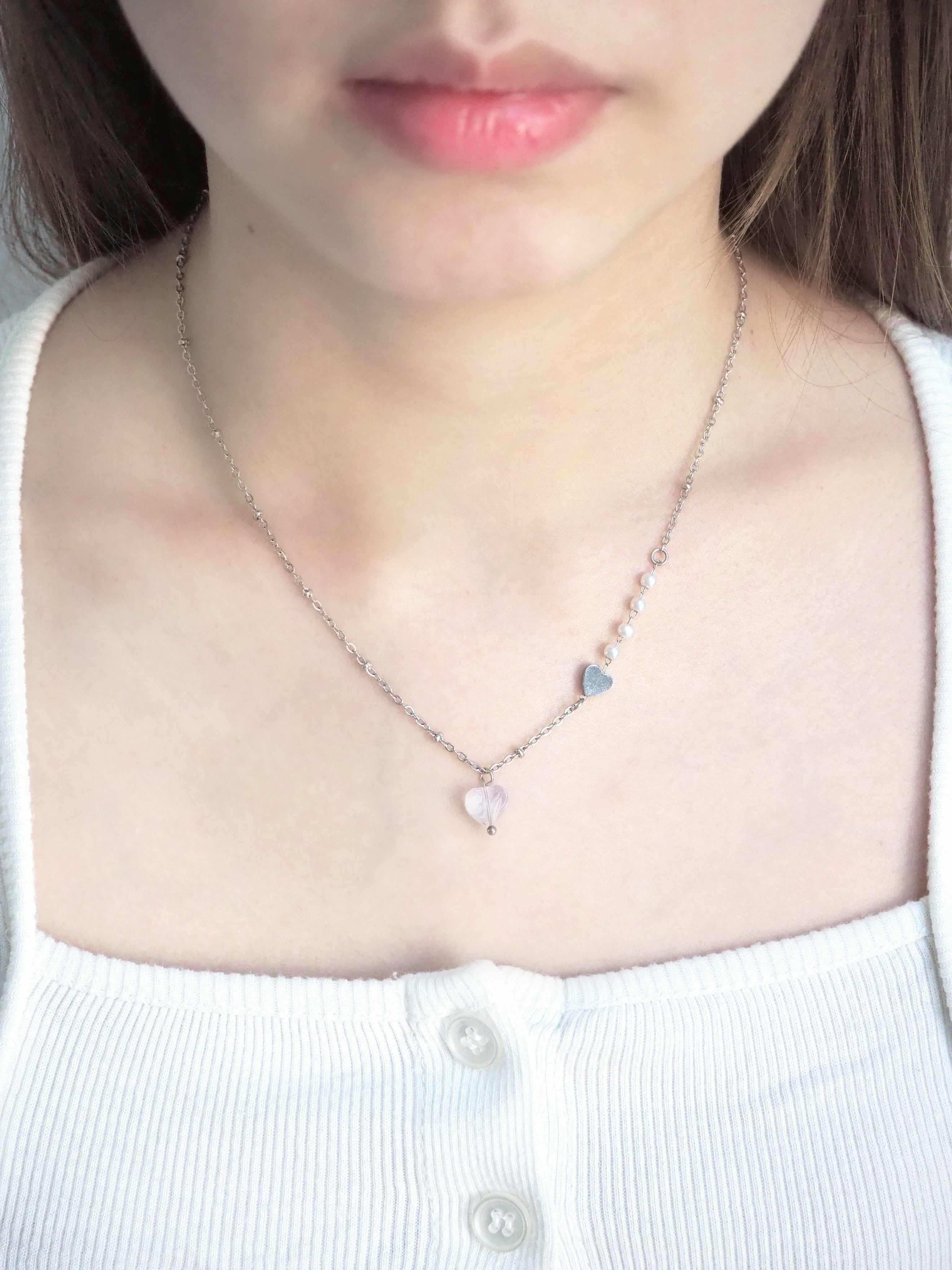 [surgical steel] heart pendant pearl necklace