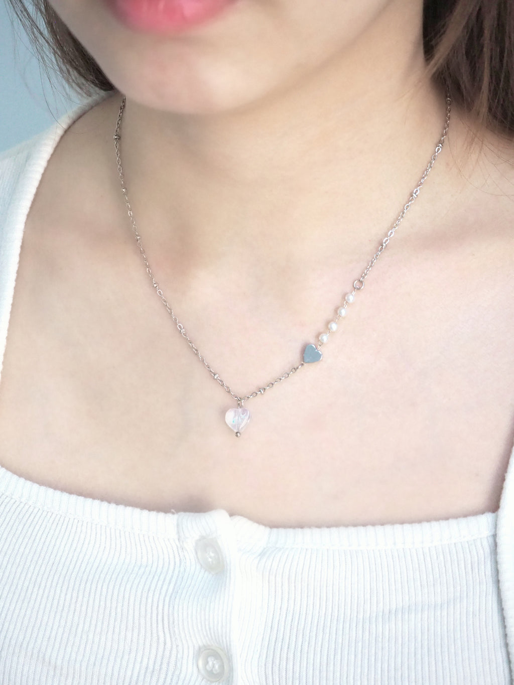 [surgical steel] heart pendant pearl necklace