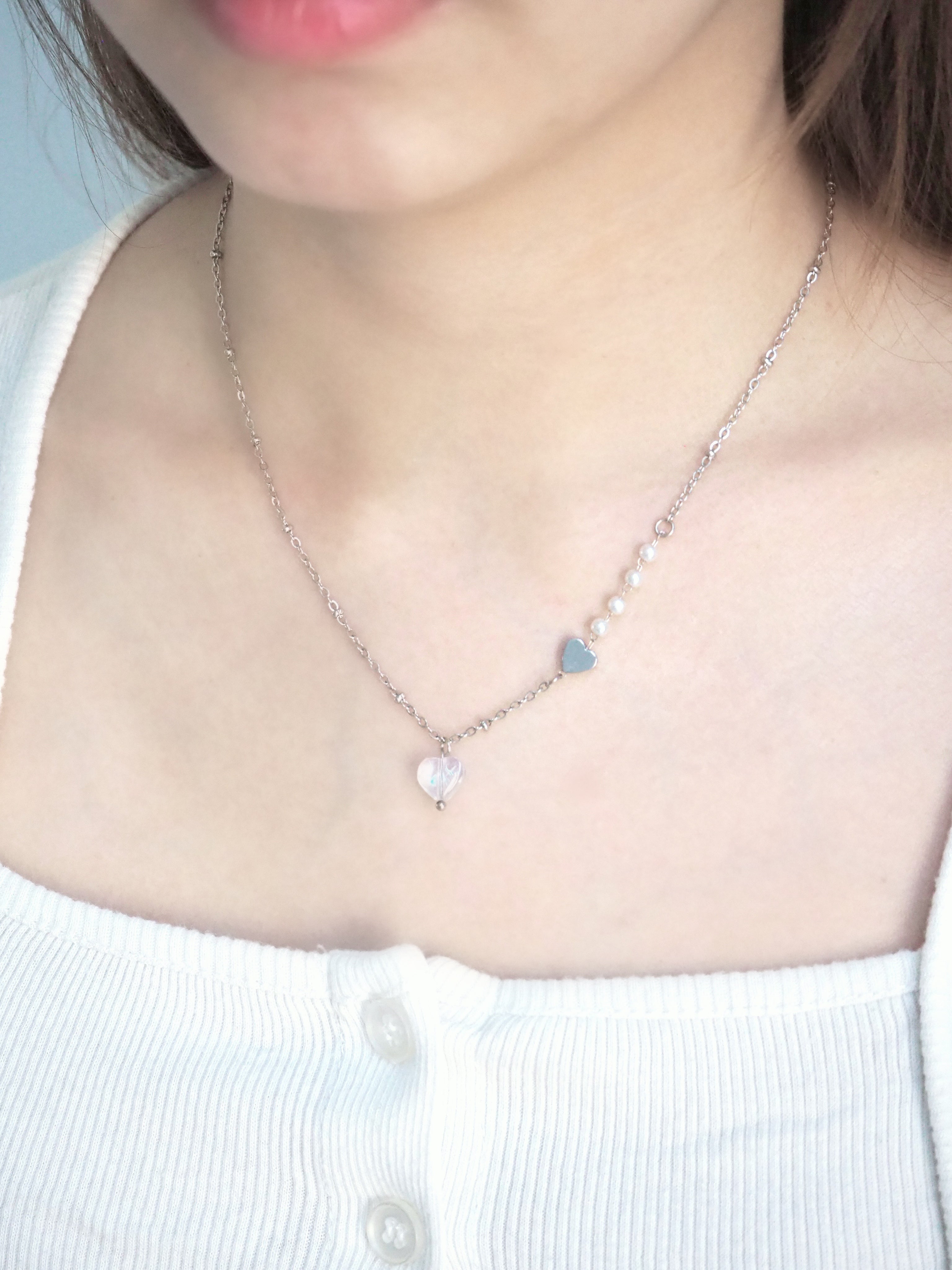 [surgical steel] heart pendant pearl necklace