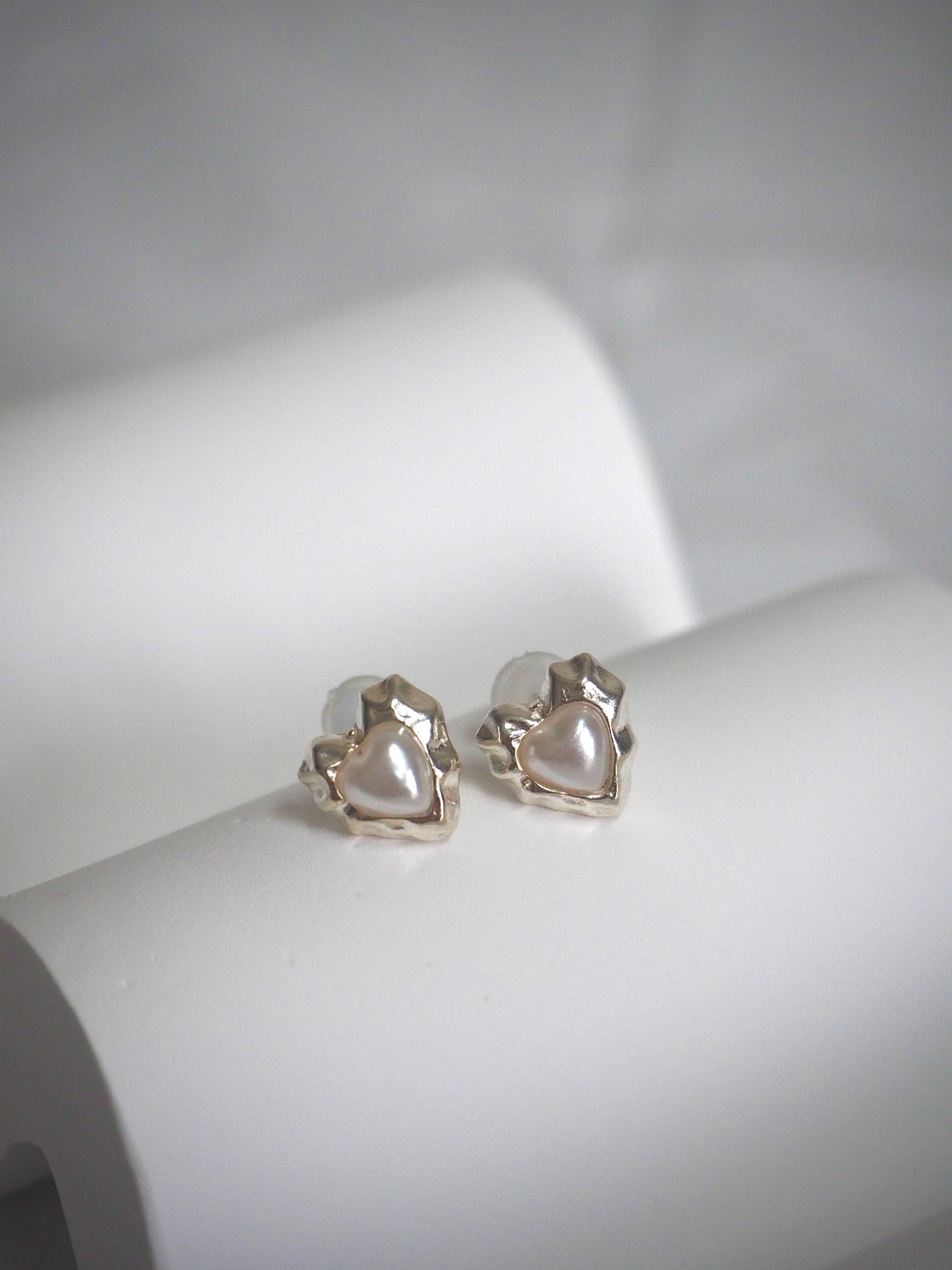 [925silver] vintage heart pearl earrings