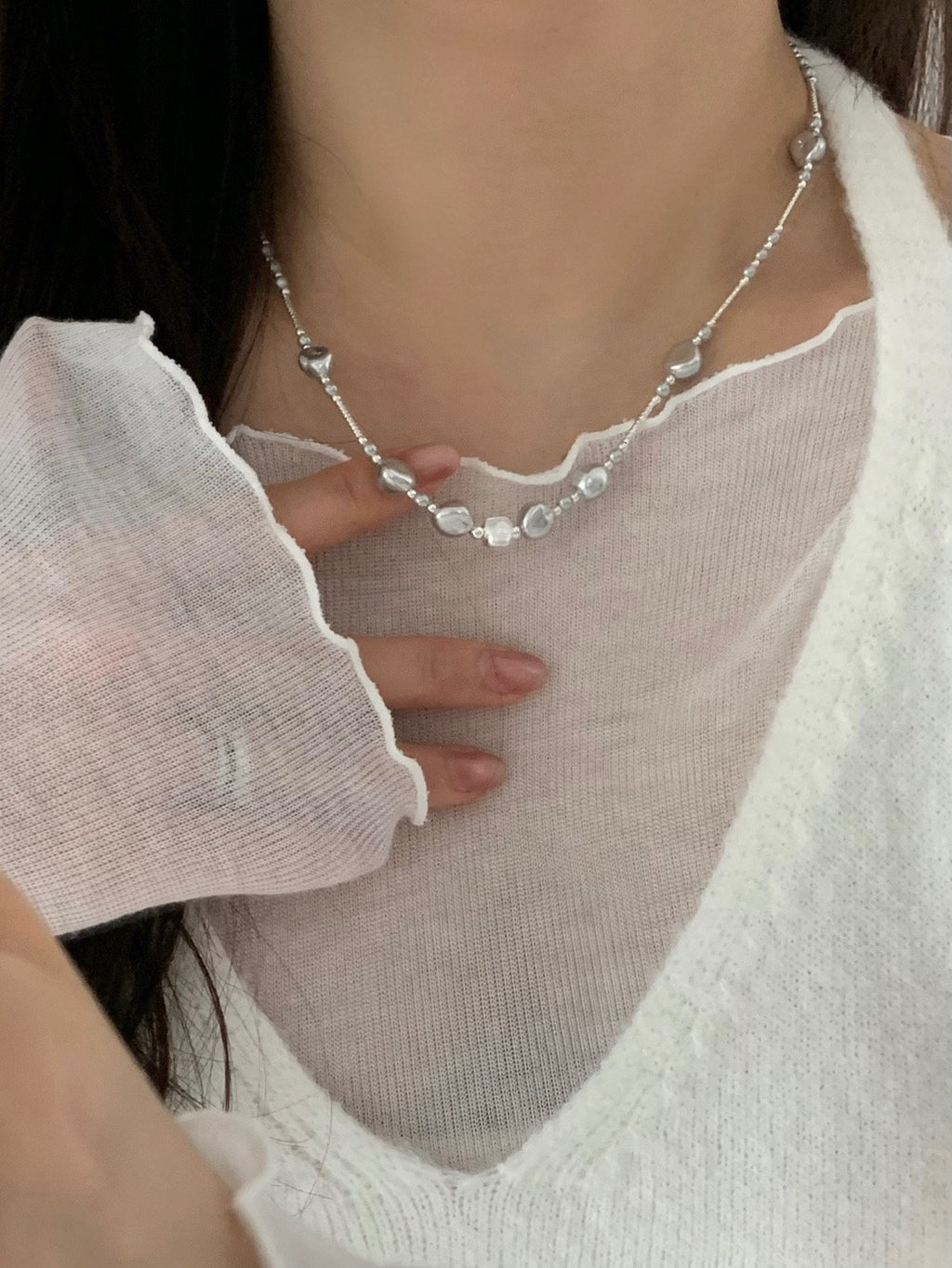 [925silver] unique silver bead pearl nacklace