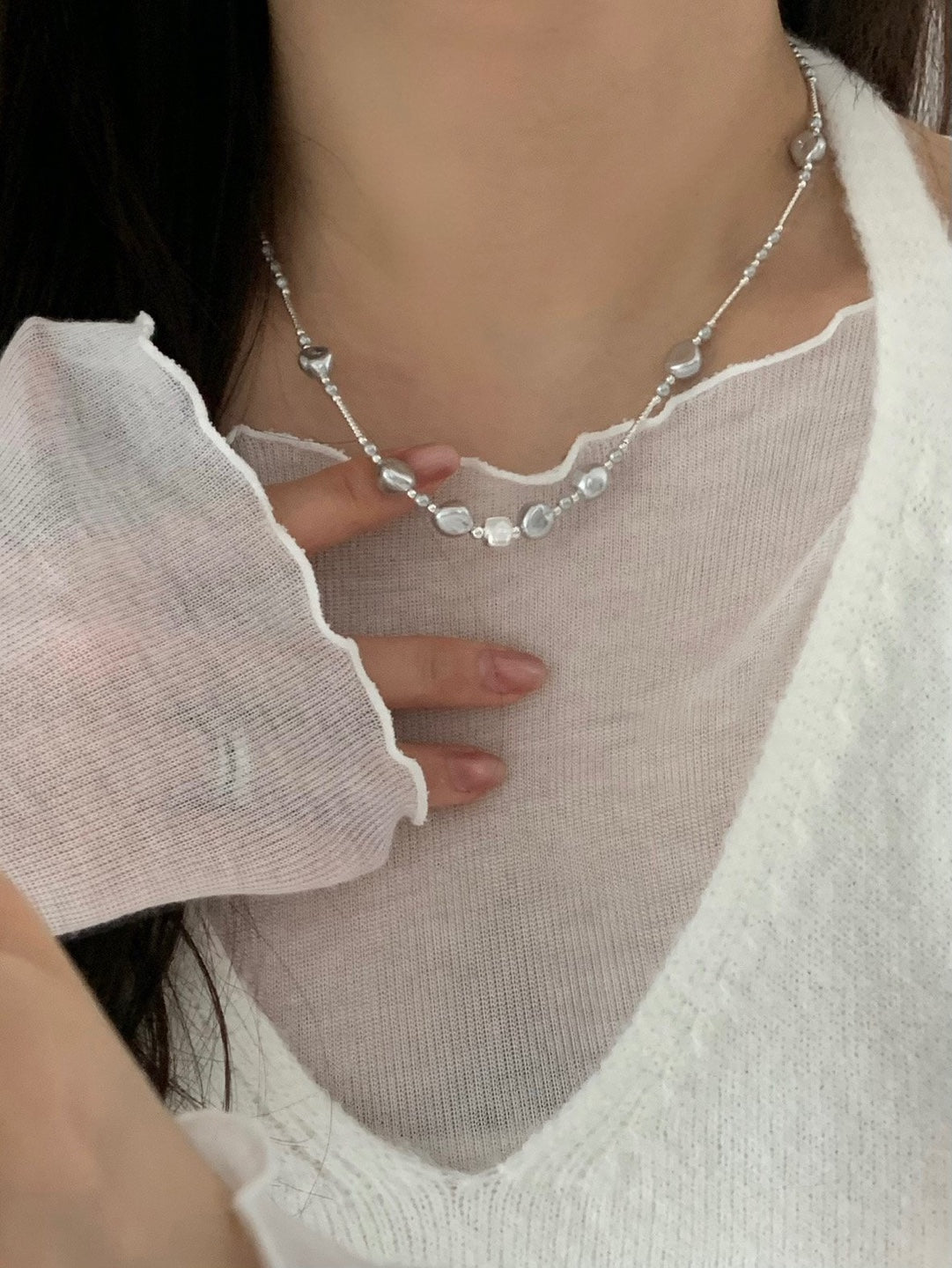 [925silver] unique silver bead pearl nacklace