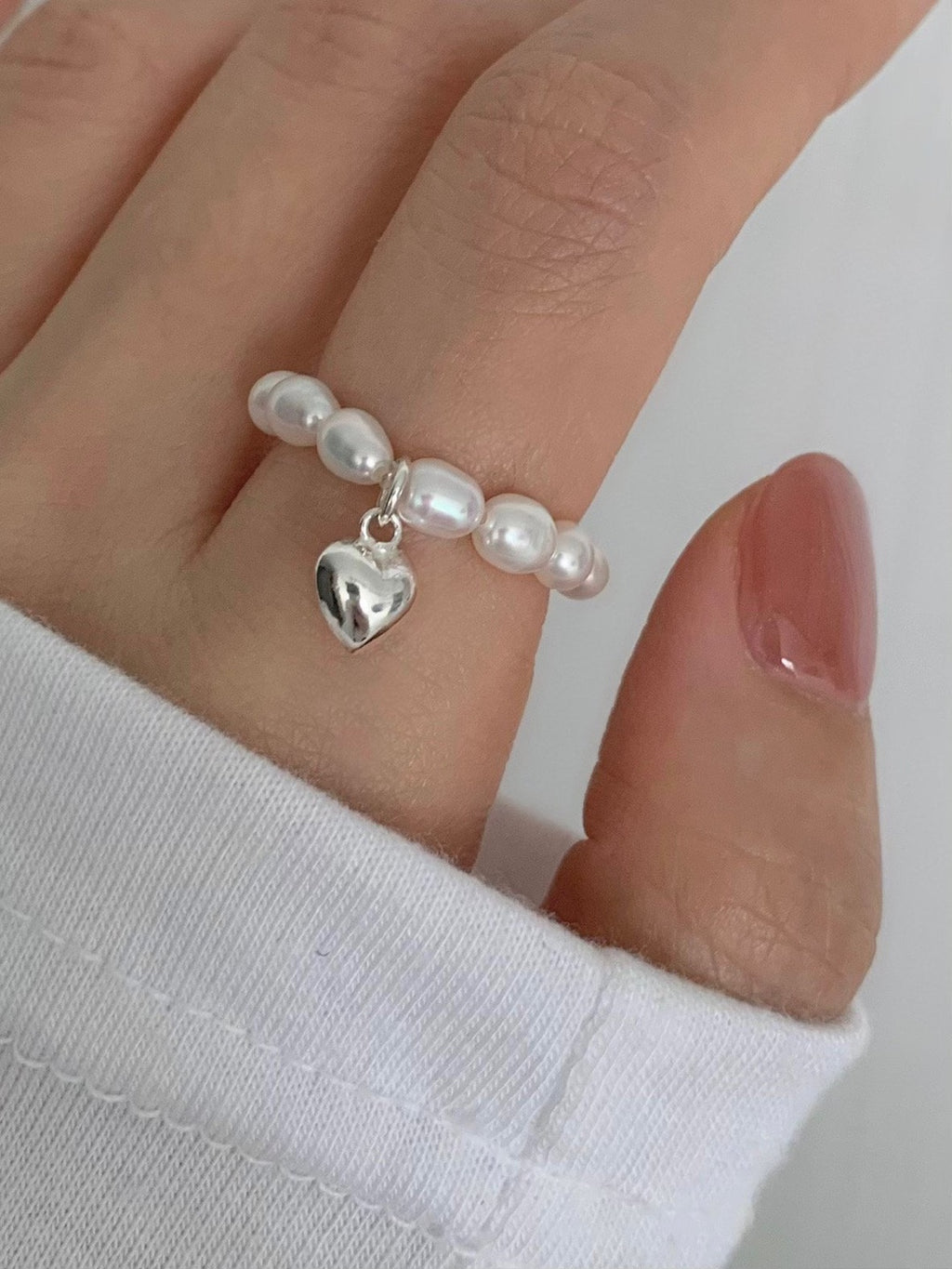 [925silver] heart freshwater pearl ring