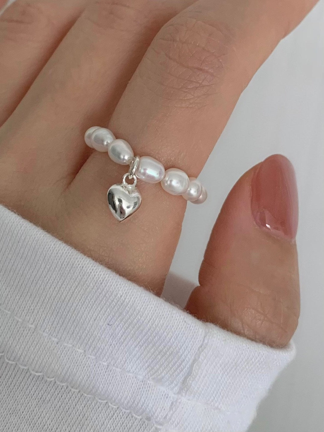 [925silver] heart freshwater pearl ring