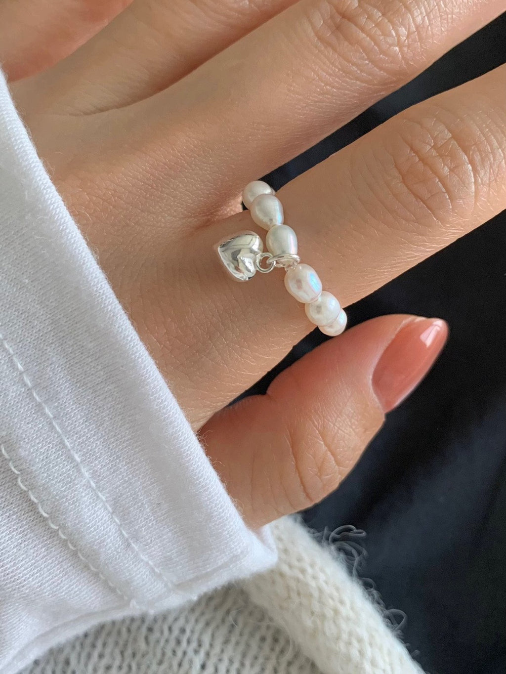 [925silver] heart freshwater pearl ring