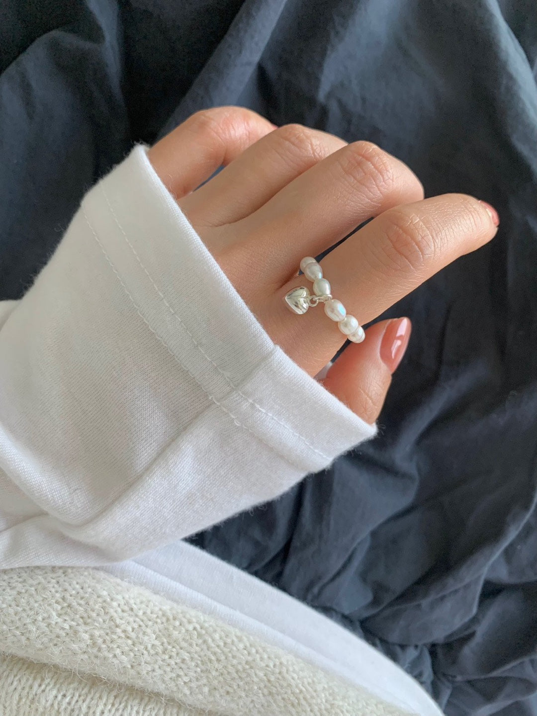 [925silver] heart freshwater pearl ring